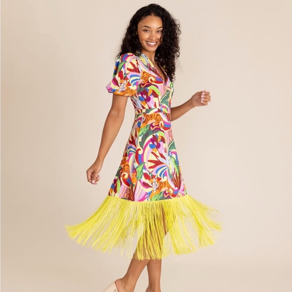 NWT Alden Adair Womens Louisa Rainforest Balloon Sleeve Midi Fringe Dress Sz XS - Picture 2 of 13